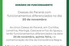 Ceasas do Paraná com funcionamentos diferenciados no dia 20 de novembro